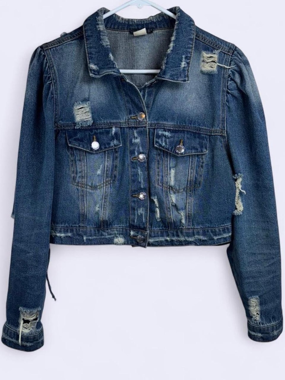 VENUS Distressed Cropped Denim Jacket Puff Sleeve Size S